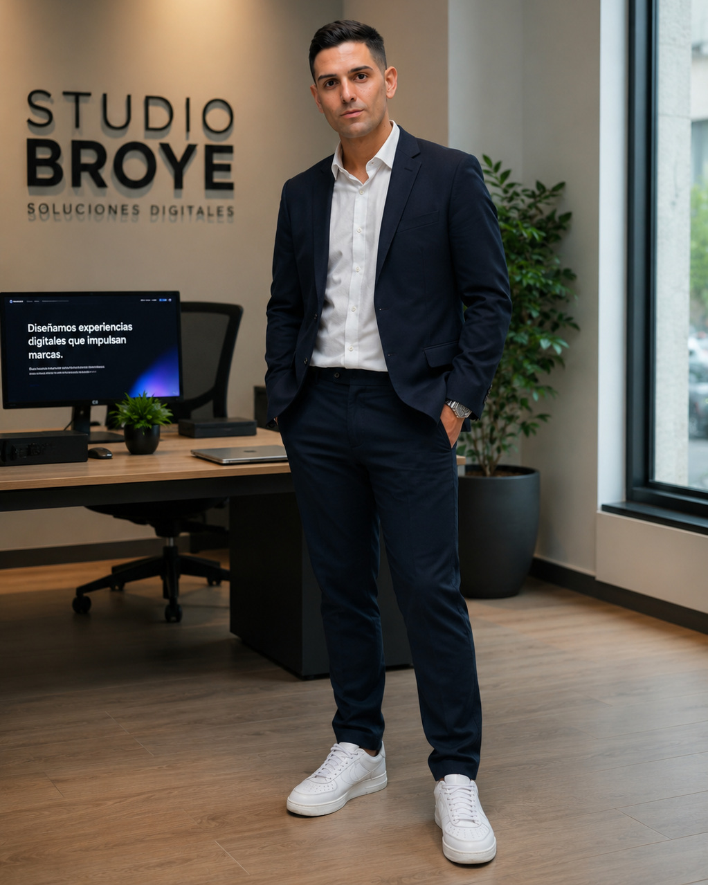 Christopher Marabel Calderón dans les bureaux de Studio Broye, devant le mur de marque et son poste de travail
